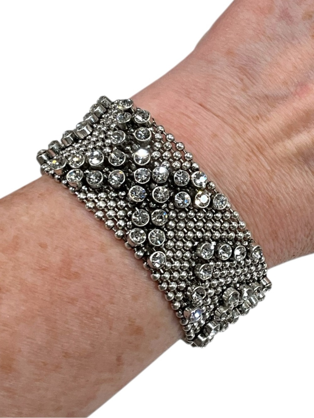 Liquid Metal Mesh Bracelet Silver With Cubic Zirconia Stones Adjustable Snaps